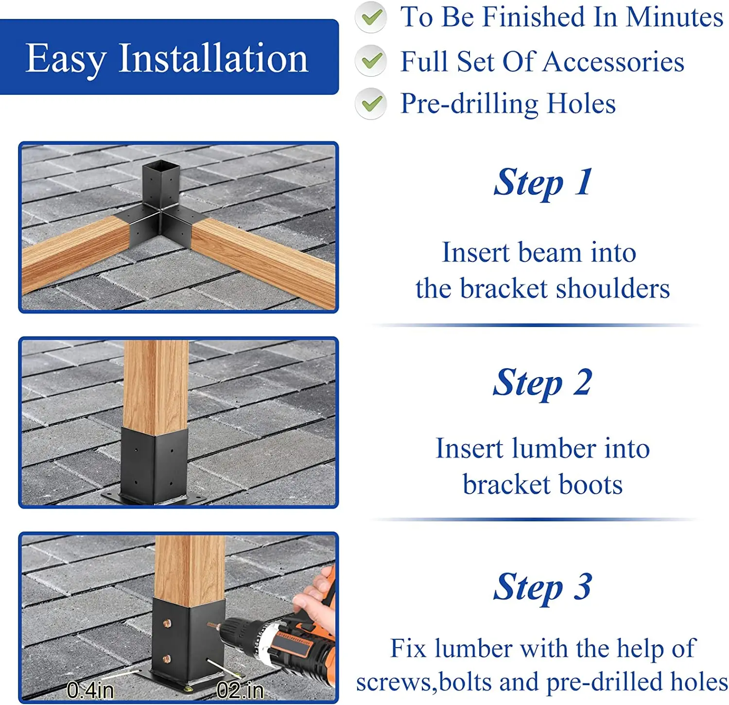 Wilkblck Staffe per pergola, 4 pezzi Kit per pergola per falegnameria a 3 vie, staffa angolare ad angolo retto, kit di supporto in legno rialzato per pergola/gazebo kit hardware per legname 4x4