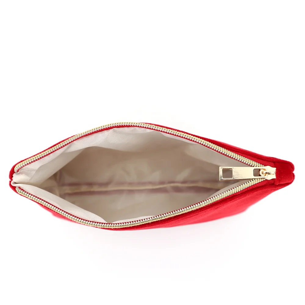 Ladies Cosmetic Bag with Personalized Logo Custom Velvet Pouch Bag Golden Zipper Bag for Makeup
