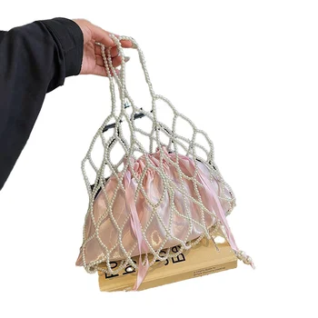 Women's Fashionable Pearl Large Capacity Hollowed-Out Fishing Net Bag Shoulder Underarm Strap for Autumn Spring Season Candy