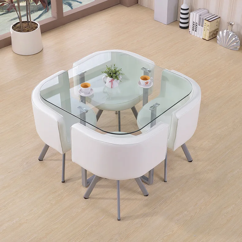 Dining Table and Chairs Set 4 Modern Glass Round Dining Kitchen Table and Faux PU Leather Chairs Dining Room Set