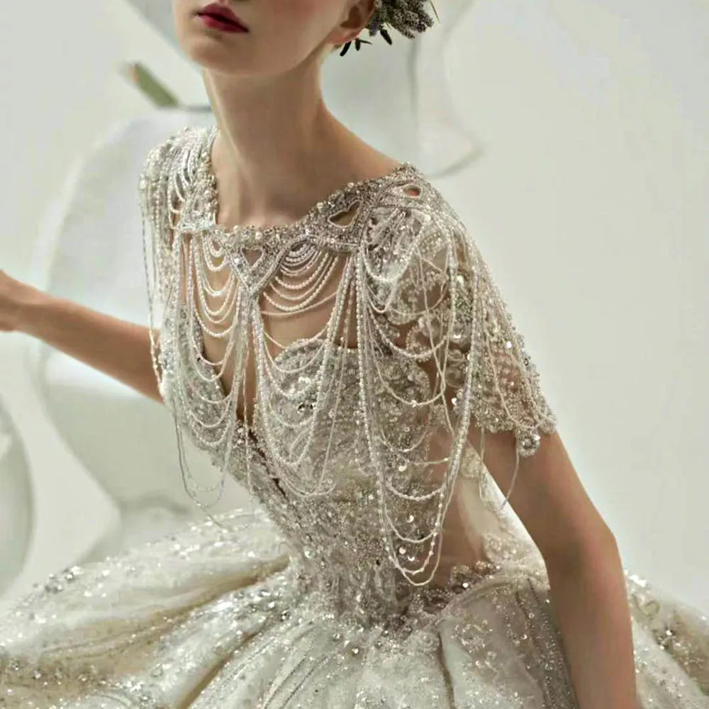 Jachon Hand Beaded Bridal Rhinestone Shoulder Chain Tassel Shawl Wedding  Dress Accessories