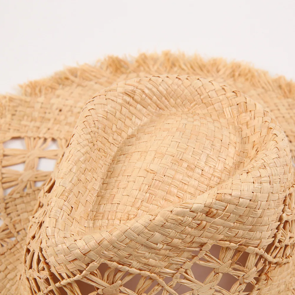 Women Luxury Western Natural Raffia Straw Open Weave Cowboy Beach Hat ...
