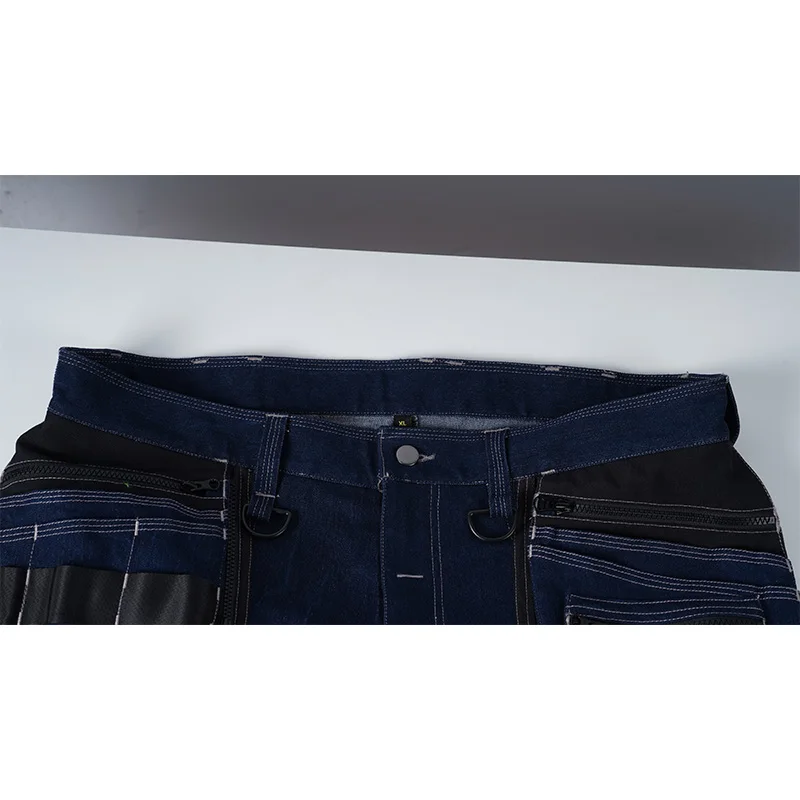 Custom LOGO Multi Pockets Tooling Regular Denim Jeans Workwear Pants for Men Safety Electrician Carpenter Trousers