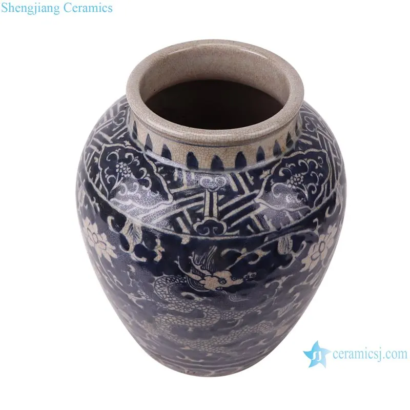 RZTL15-Aアンティークブルードラゴン蓮柄磁器ポット花瓶手描き