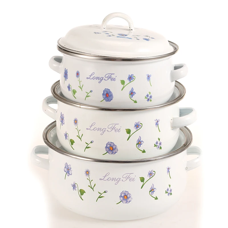 671flower Decal 2 Enamel Handle 3 Pcs Set Enamel Lid Cast Iron Enamel Casserole
