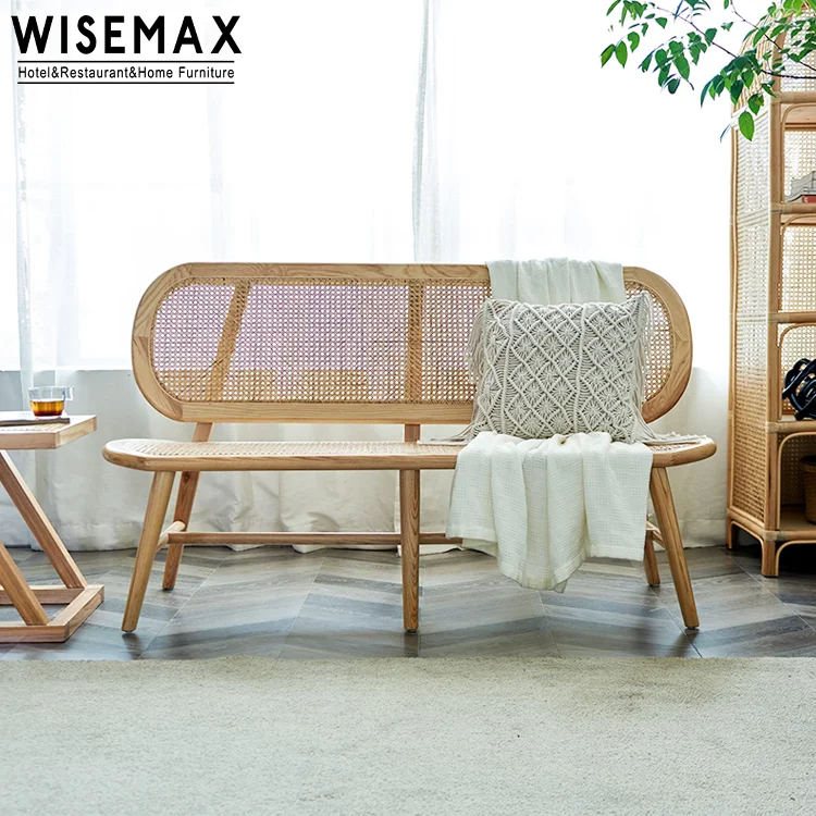 WISEMAX FURNITURE Modern Design Furniture Solid Wooden Long Bench Natural Rattan Sheef Woven Chair Bench for Garden and Cafe Sho