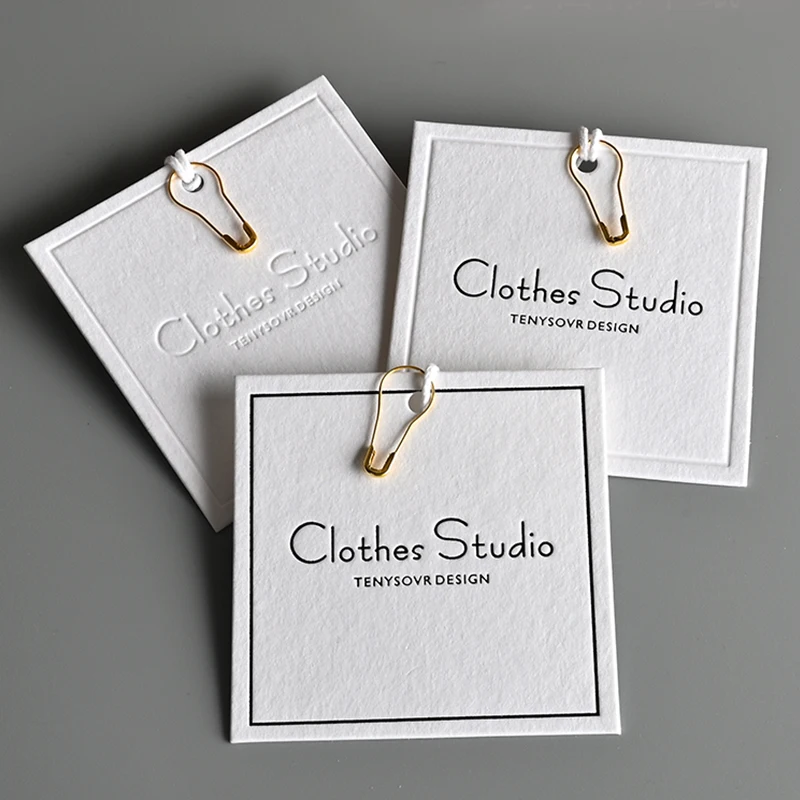 Recycled Custom Logo Flocked Cloth Paper Kids Garment Hangtags With String and Safety Pin Forn Jean Clothing Hang Tag With Logo