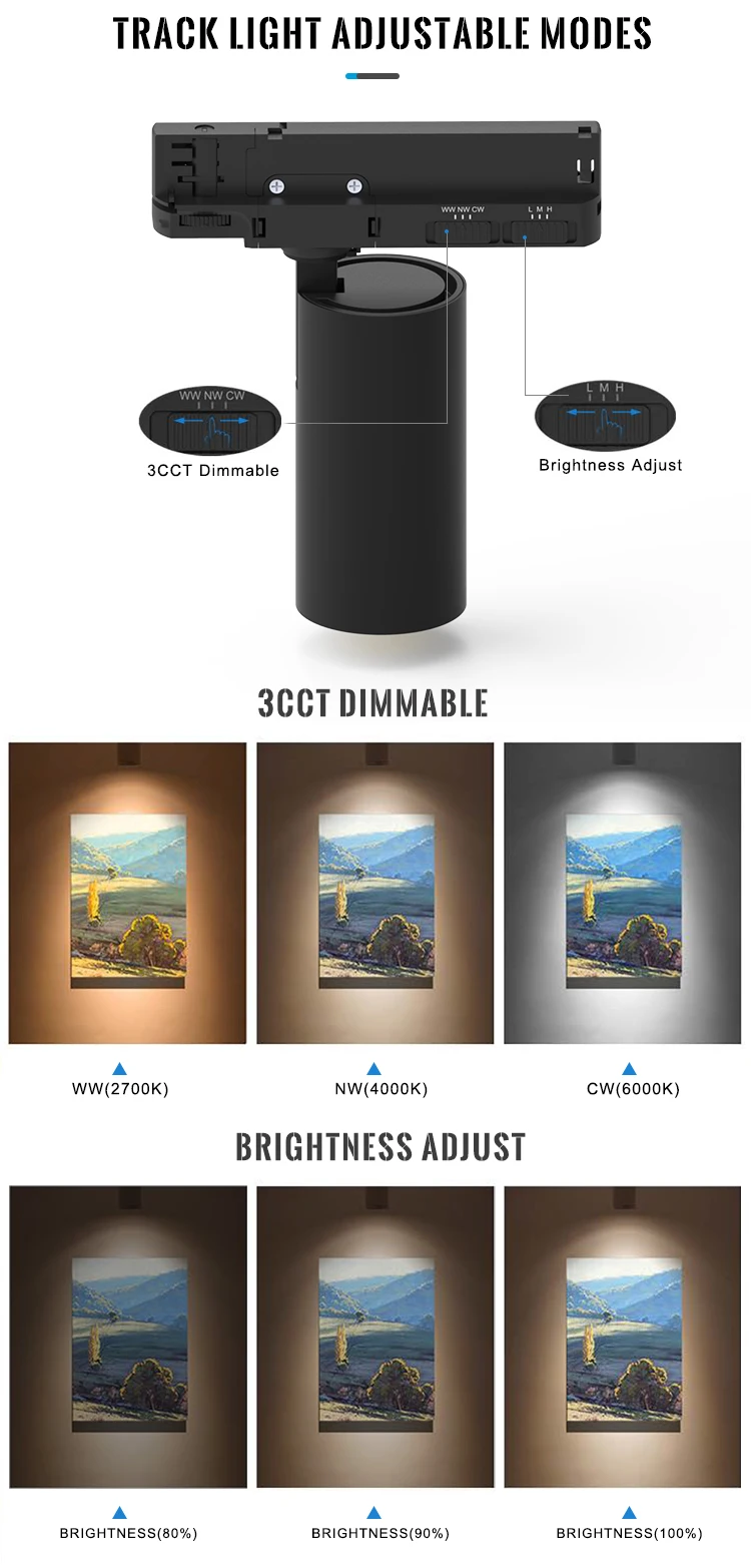 Modern Commercial Track Rail Light 3cct Led Track Light Anti Glare 20w 30w 40w Adjustable Focus