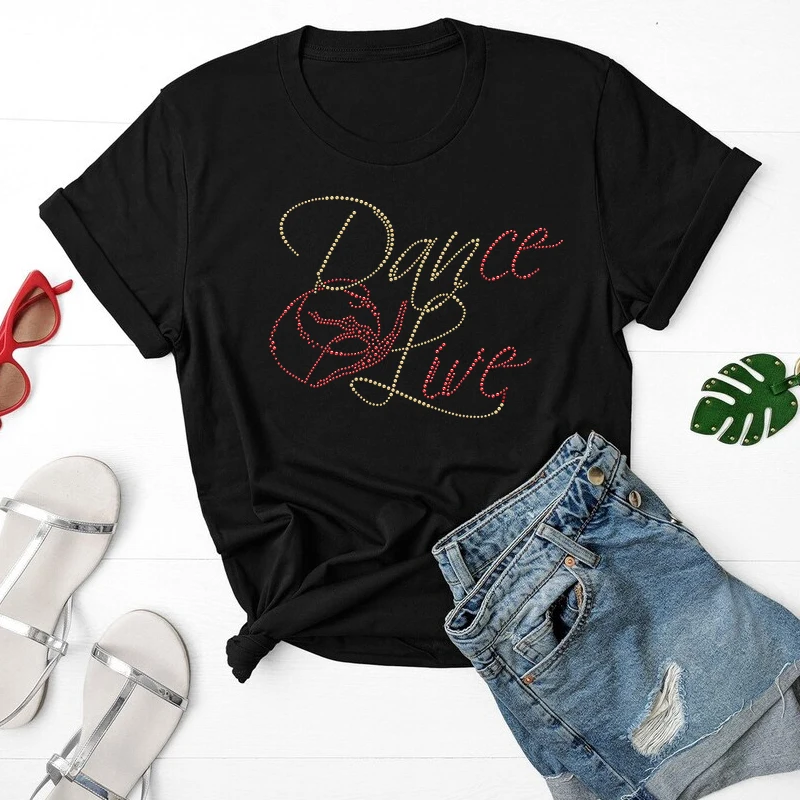 Custom Dance Live Designs Red Yellow Rhinestone Heat Transfer Applique Stickers for Shirt Bags Sports Bra Garments