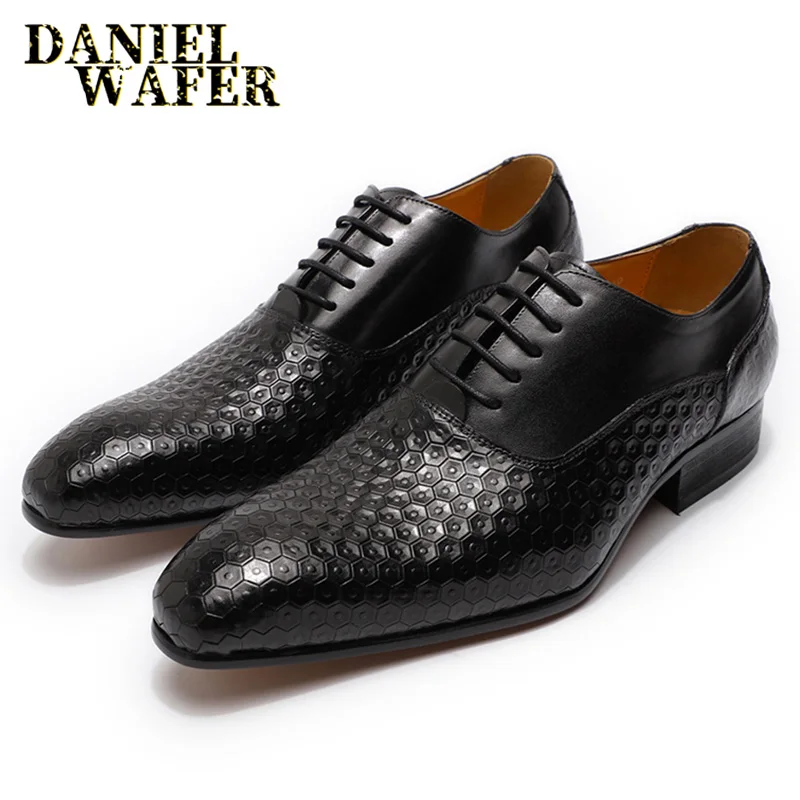 Genuine Leather Man Dress Shoes Brown Business Footwear Lace up Oxford Formal Dress Shoes