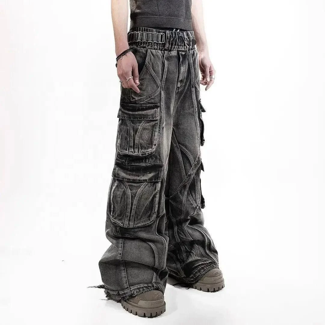 Salati Y2K Men's High Baggy Jeans Hip Hop Punk Stonewash Sun Faded Stone Wash Vintage Distressed Cargo Trousers Button Print gallery 4