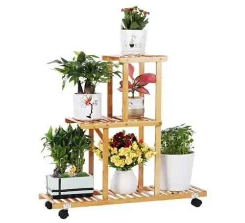 Bamboo Ladder Plant Stand 3 Tier Foldable Hanging Plant Flower Pot Shelves Display Shelf Rack