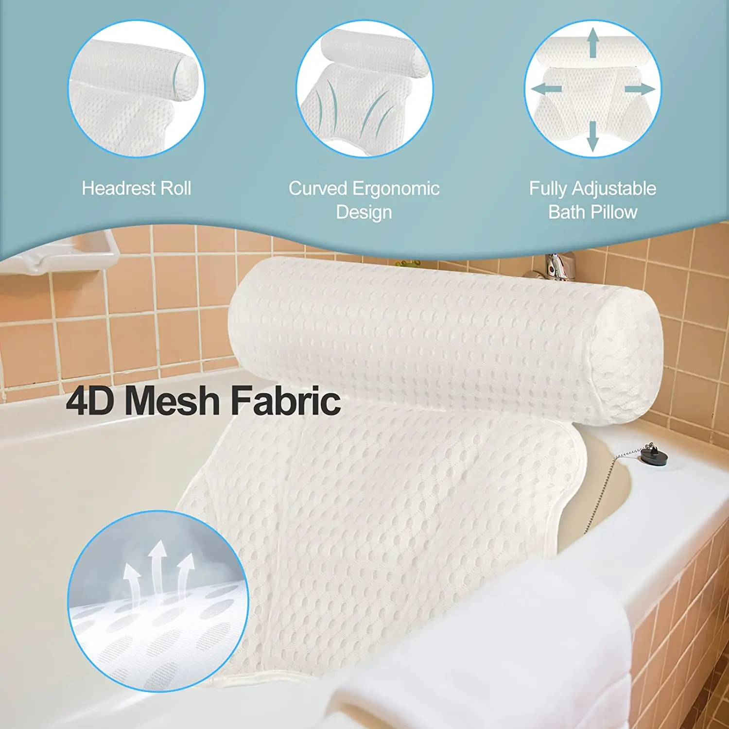 Hot 4d Air Mesh Tub Pillow Headrest With 6 Strong Suction Cups Bathtub