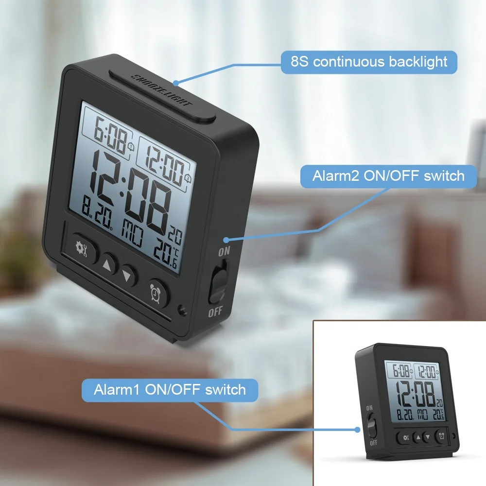 Digital Alarm Clock with Radio-Controlled Time Automatic Backlight Setting Double Alarm and Snooze Function