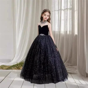 Children's Luxury Sleeveless Girls Evening Dress Embroidered Black Sequin Flower Formal Occasions Princess Dress