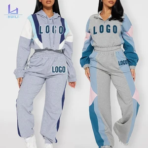 Huili Oem Color Block Sportswear Y2K Workout Women Activewear Custom Logo Tracksuits Crop Top Hoodie and Joggers 2 Piece Set