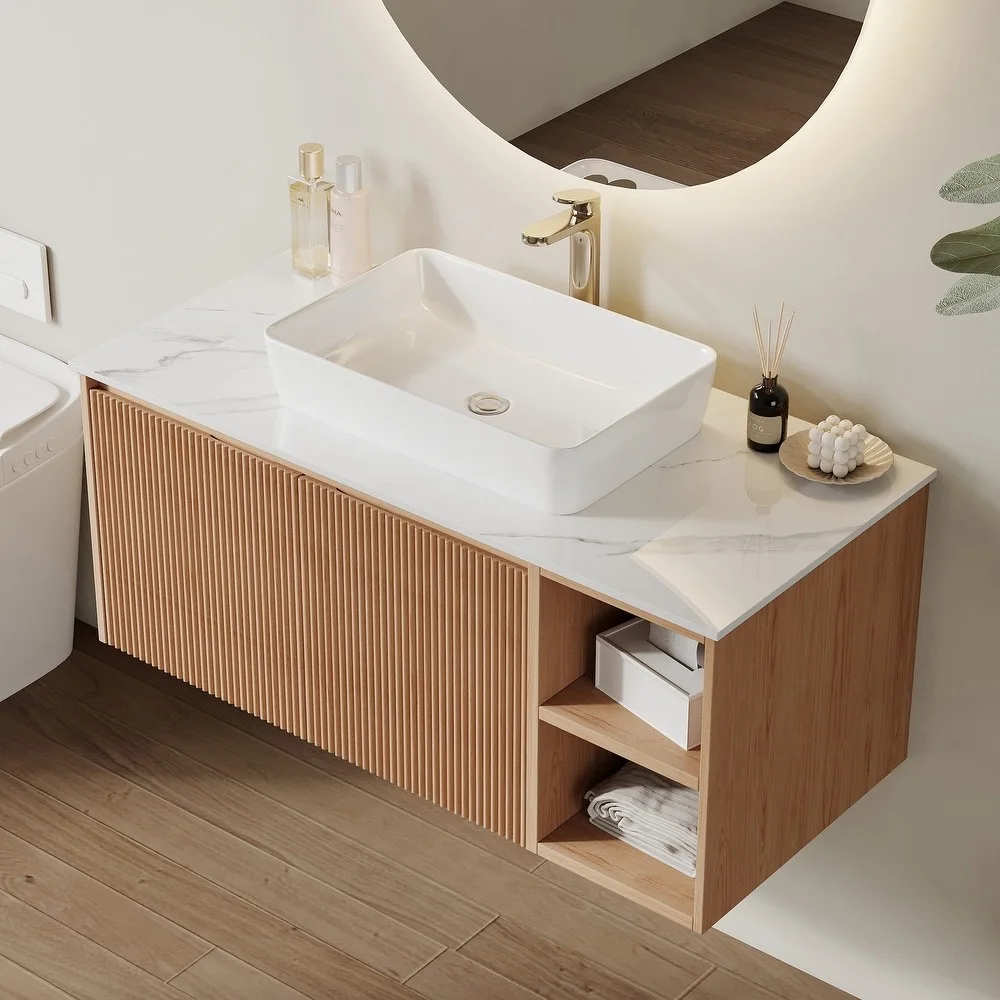 product wall mounted luxury style  ribbed  textured vanity wall hung bathroom cabinet vanity with mirror basin-6