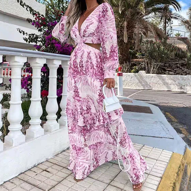 Custom Summer Casual Long Sleeve Vestido Normal Ladies Frock Women Deep V-neck Cut Out Floral Print Maxi Dress