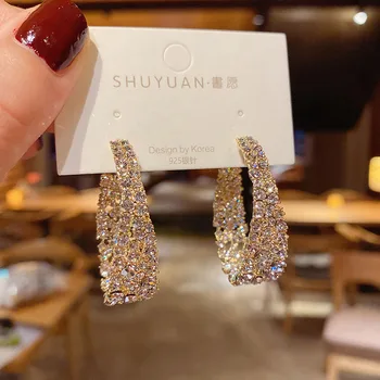 New style high quality oval drop-shaped shiny diamond earring crystal rhinestone rose gold baroque luxury hoop earrings