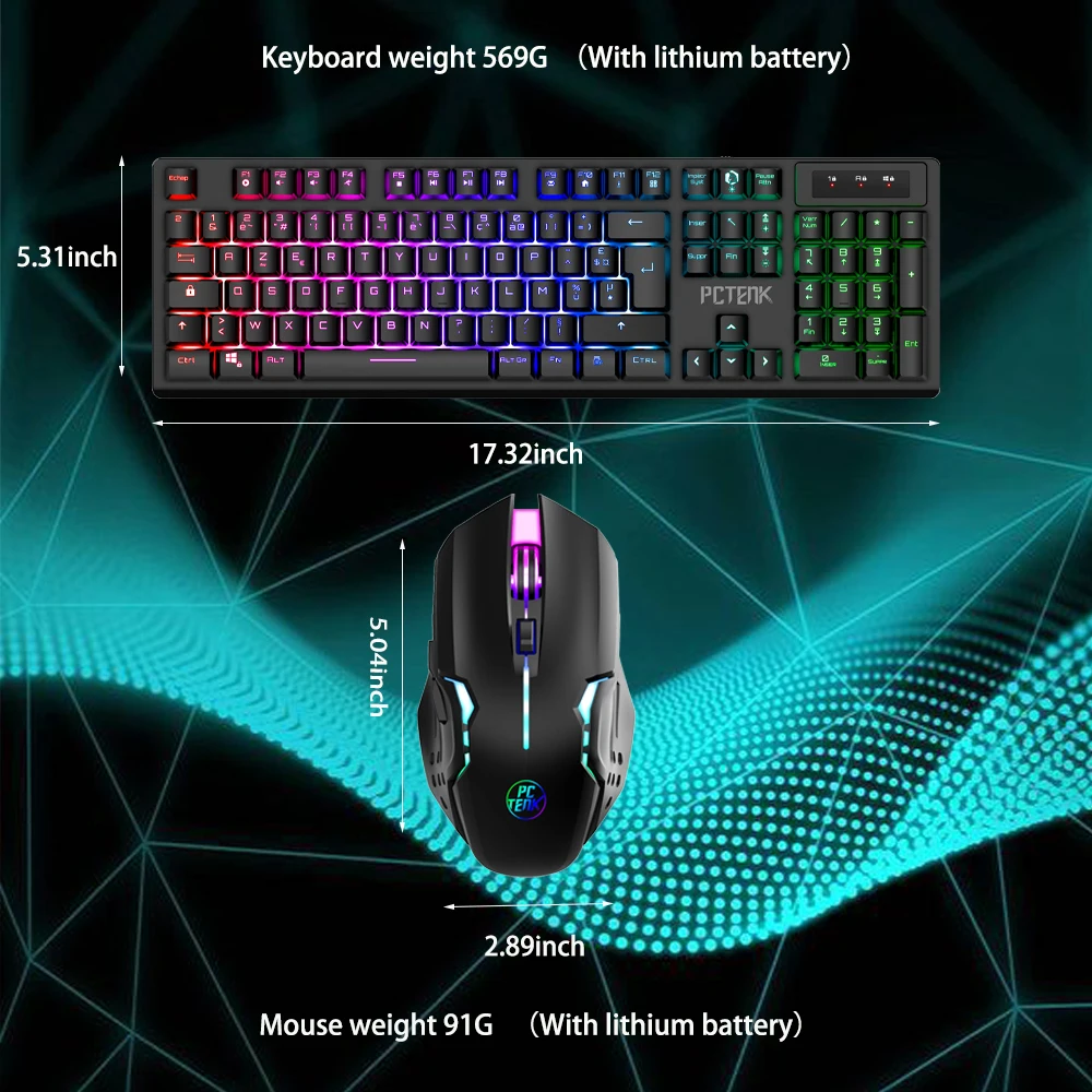 PCTENK XD82R Professionals Wireless LED Gaming Keyboard Mouse Combo Mini Rainbow Backlit aperçu 5
