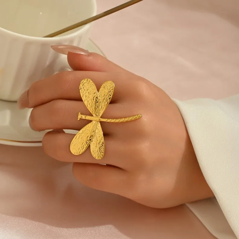 New Simple Personalized Fine Jewelry Accessories Rings Lady's Geometric Dragonfly Design 18k Gold Ring Opening Ring