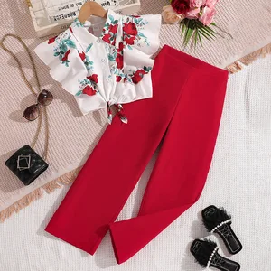2026 Summer Fashion Kids Clothes Wholesale Sleeveless Floral Print Shirt Pants Two Piece Suit Teenage Girls Clothing