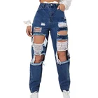 Fashion Jeans Custom Fashion High Waist Cut Out Ripped Women's Jeans Frayed Straight Leg Jins Jeans For Women Stylish