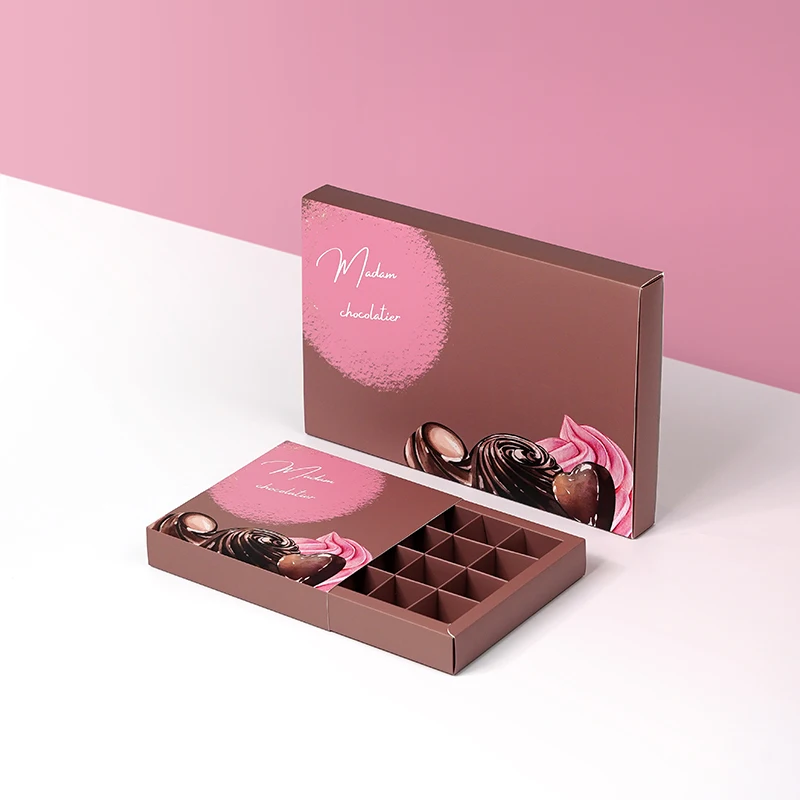 Egyedi csokoládé-ajándékdoboz, élelmiszer-biztonsági előírásoknak megfelelő merev csomagolás válaszfalakkal csokoládékhoz, macaroonokhoz és édességekhez