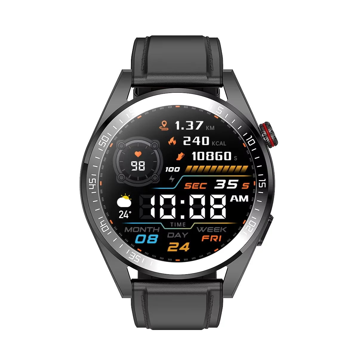 Smart Watch with Amoled Screen for Bluetooth Music & Call Features Blood Pressure & Oxygen Monitoring Leather Band