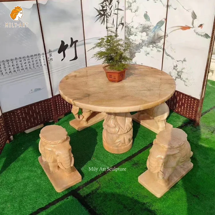 Outdoor Garden Landscaping Marble and Granite Garden Stone Tables with Elephant Statue Stool