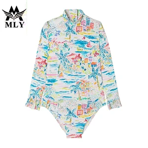 MLY Custom Long Sleeve Zipper One Piece Swimwear Leaves Printed Swimsuit Children's Swimsuit