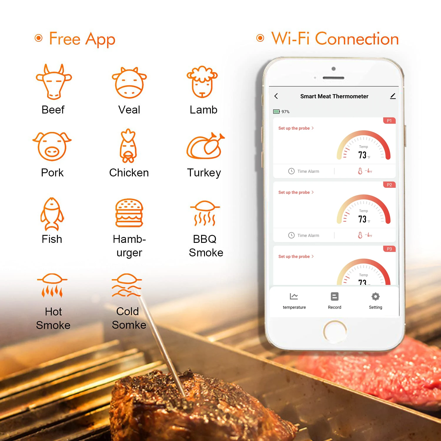 Smart Wireless RoHS CE Blue-Tooth Meat Kitchen Cooking BBQ Grill Thermometer  with 4 Probes - China Wireless Thermometer and BBQ Thermometer price