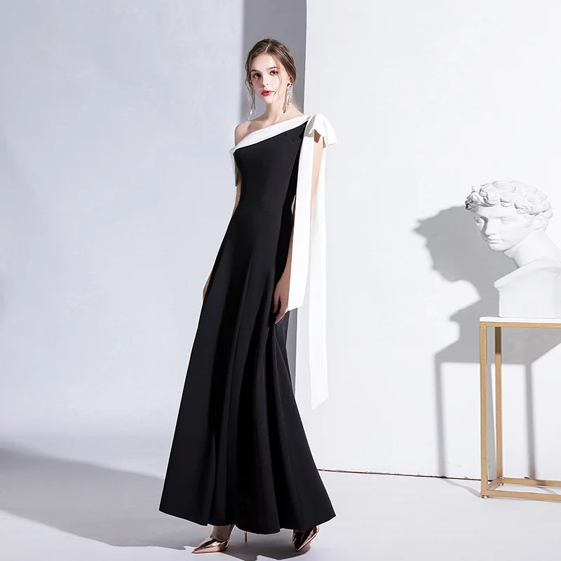 S1642R New One-shoulder Celebrity Temperament Banquet Dress Slim Long  Everyday Black Evening Dress