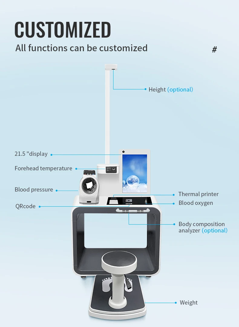 Commercial health screen kiosk checkup machine forehead temperature self service medical device for hospital healthcare center manufacture