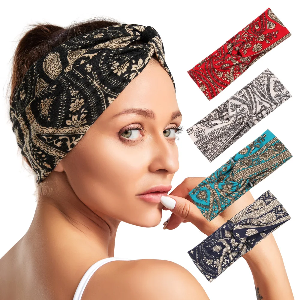 Women Bohemian Hair Band Print Headbands Cross Turban Bandanas Hair Accessories 