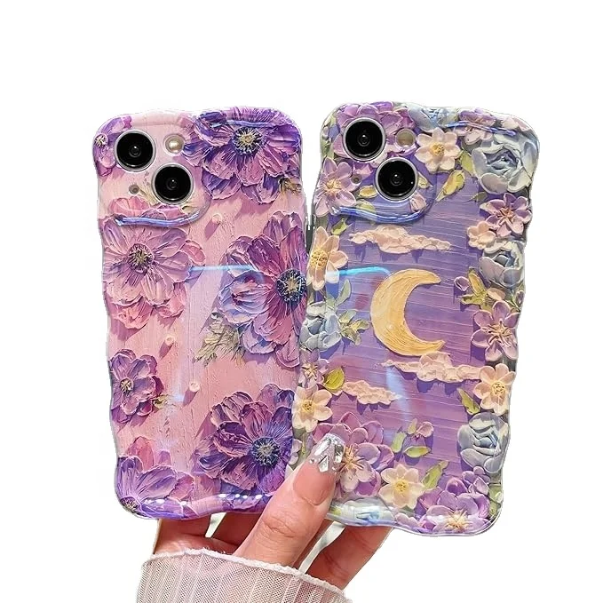 Laudtec Cute Curly Colorful Retro Oil Painting Flower Laser  Glossy Case for iPhone 16 pro max Shockproof Protective Slim Case