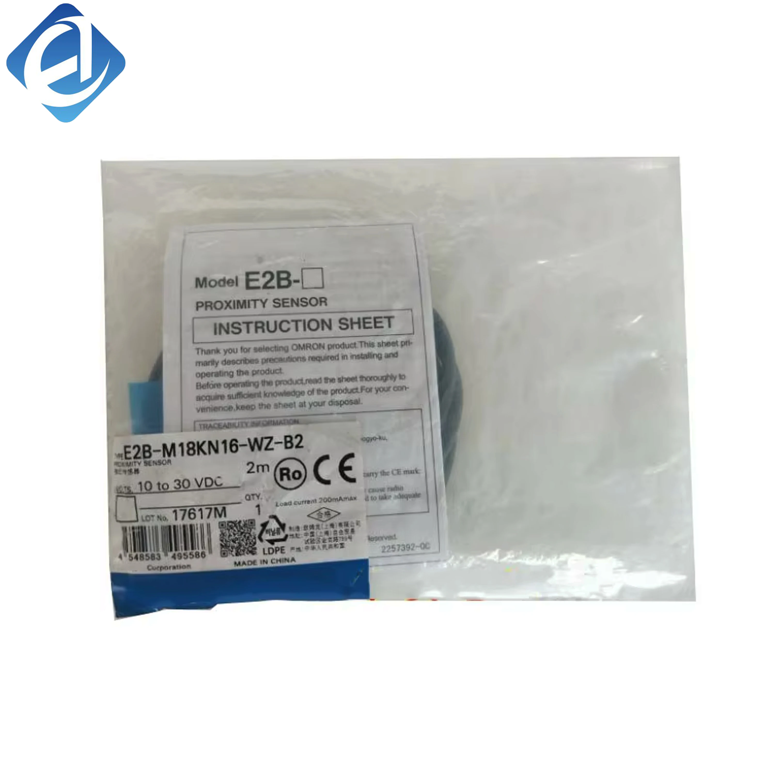 New Original Omron E2B series inductive proximity sensor. M18 thread, 16mm sensing distance, stable metal detection, waterproof and dustproof. Widely applied in mechanical limit detection, equipment positioning and automatic sensing in industrial automati