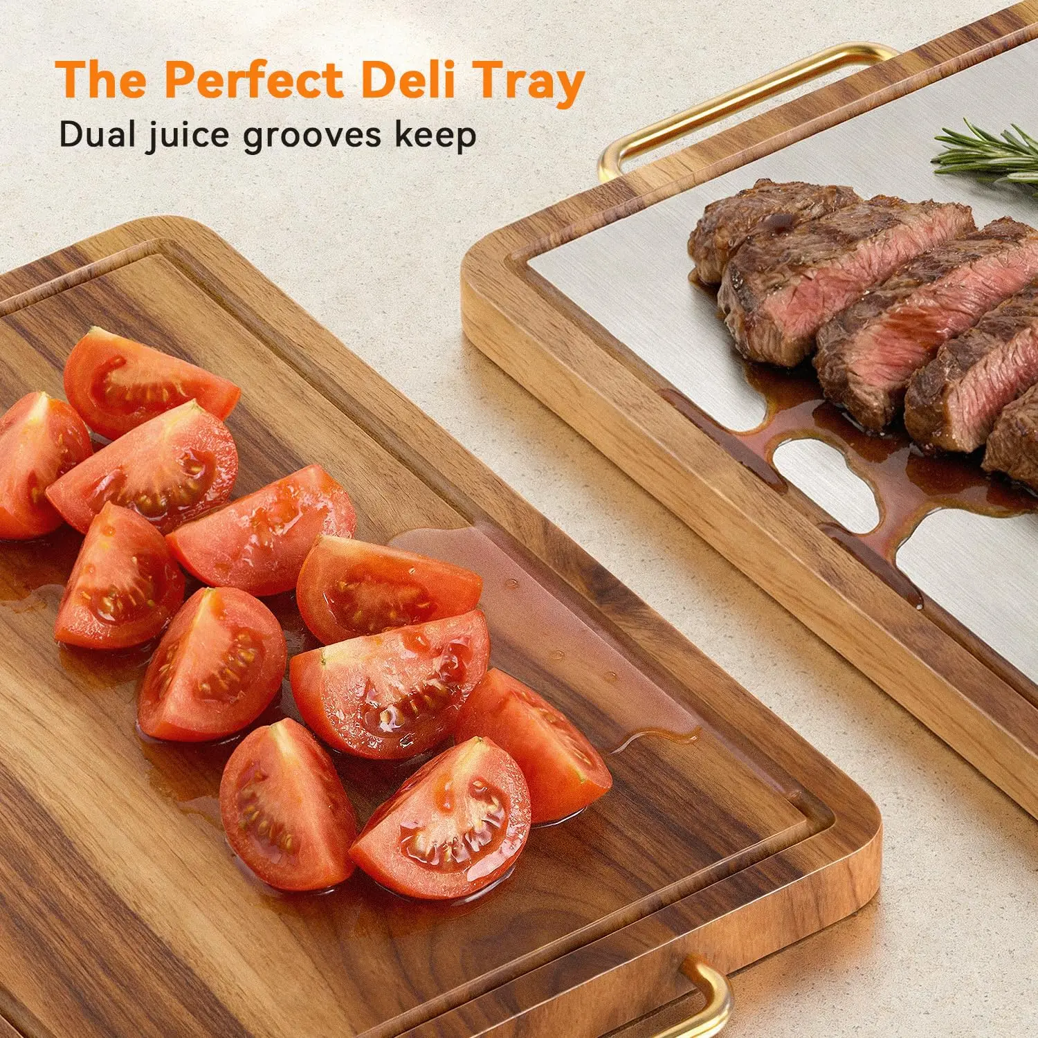 product custom double sided acacia wood cutting board with stainless steel kitchen chopping block with juice groove handle-3