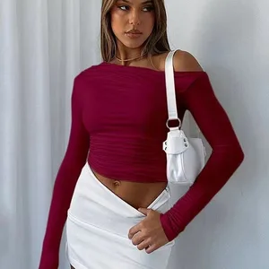 Summer Women's Slant Shoulder Asymmetric Solid Color Open Umbilical Long Sleeve Sexy Slimming Style T-shirt