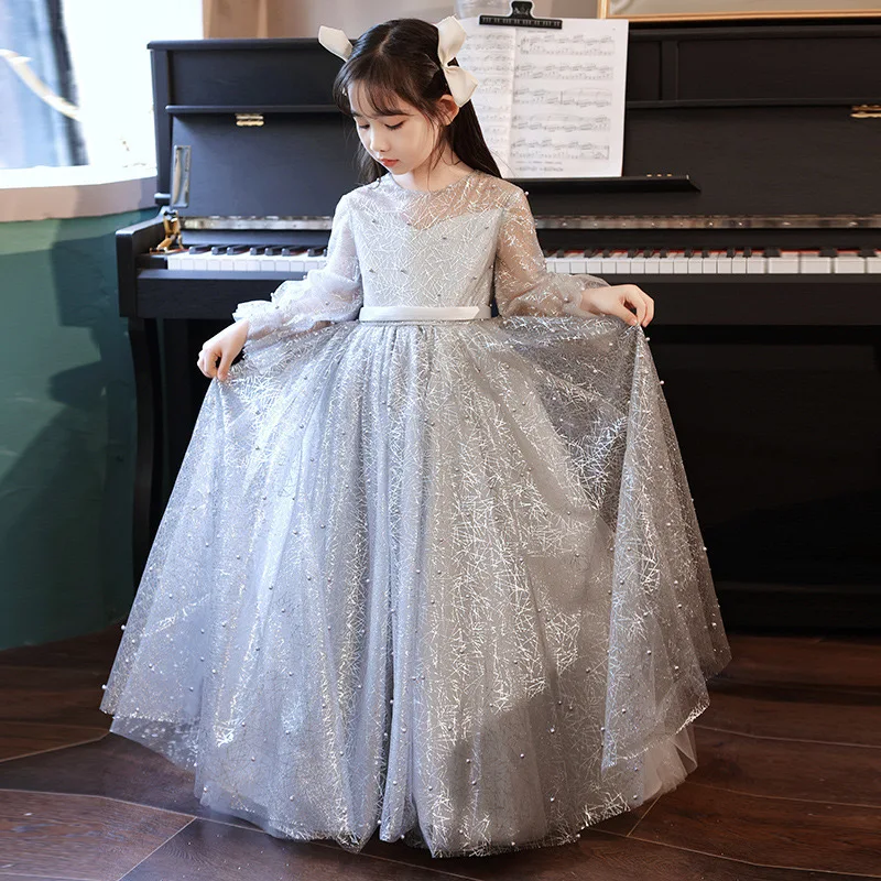 Elegant Children's Party Gowns Grey Sequined Long Sleeve