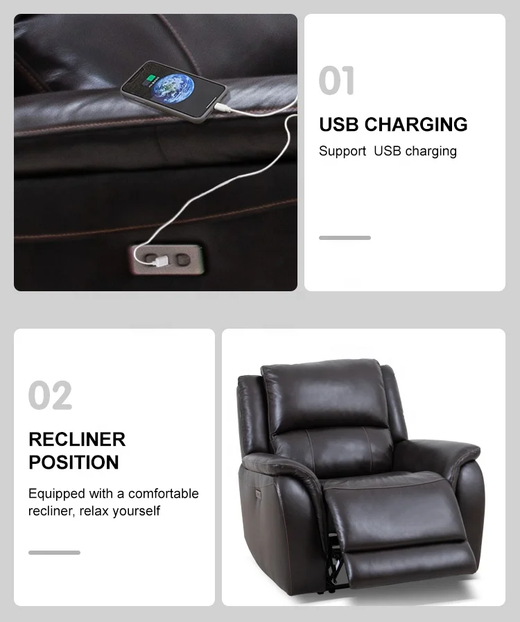 MANWAH CHEERS 3 Seater Recliner with High Back and Footrest Black Genuine Leather Triple Power Recliner Sofa American Style Sofa