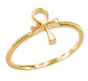 Manufacturer Unique Design Fashion Real Yellow Gold Color Minimalist Custom Egyptian Ankh Cross Ring