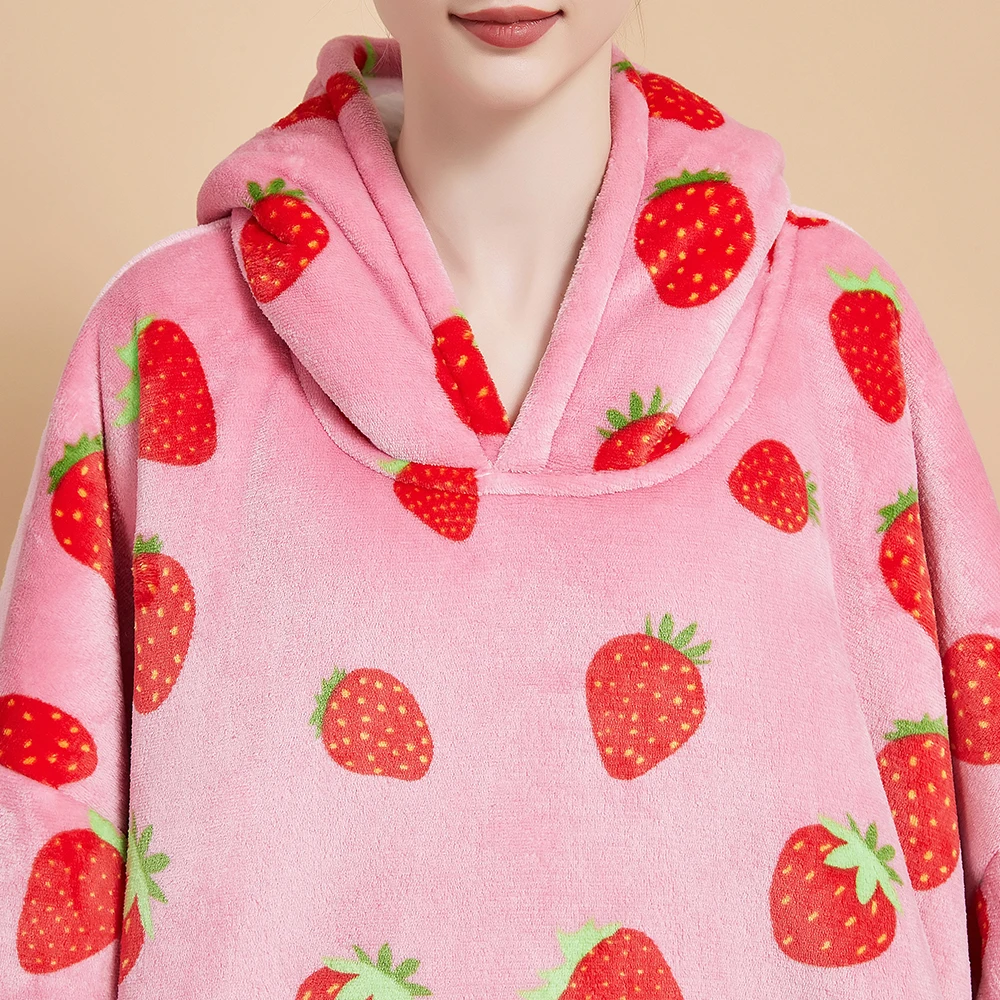 Luxury Wearable Soft Pink Strawberry Hoodie Blanket Warm Fruit Huge ...