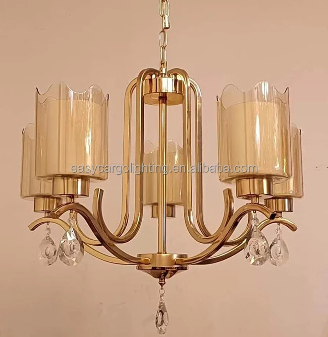 Contemporary Gold Chandelier Light 5 Glass Lampshade Dining Room Double ...