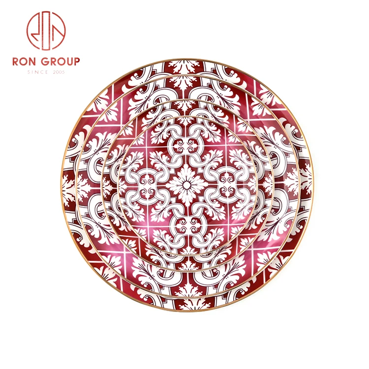 high quality new bone china dinner ware distinguished red round pattern chinaware plates restaurant plate set dinnerware