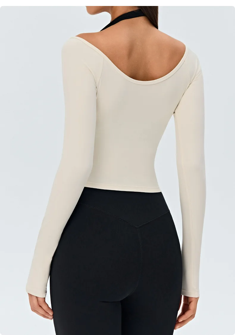 Women's Long Sleeve Yoga Cross Pleated V Neck Crop Shirt Four Way Stretch Quick Dry Pilates Workout Wear — detail