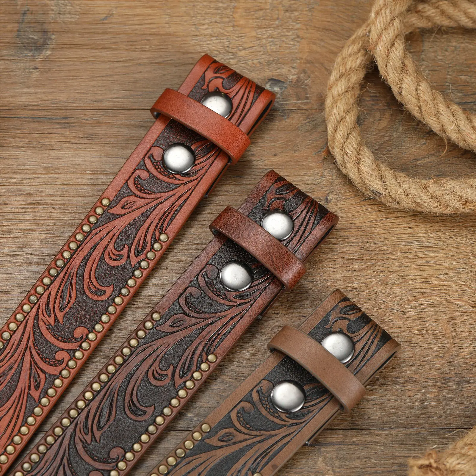 Western Cowboy PU Leather Belts Pattern Floral Engraved 