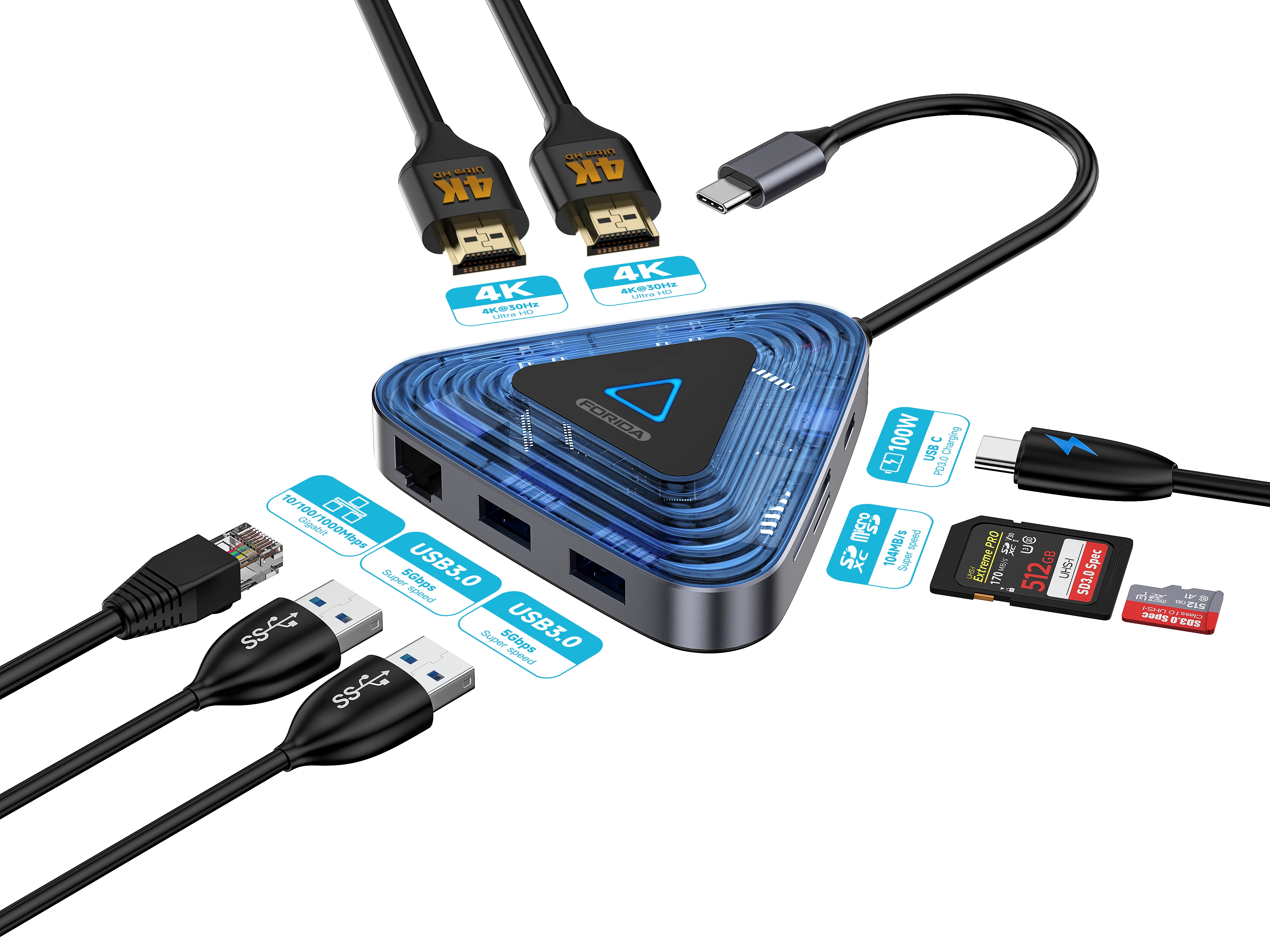 Triangle Shape USB C to 4K Dual HDRMI Hub With Ethernet,2 Port USB3.0, SD TF Card Reader PD 100W for Macbook Pro and Samsung S9