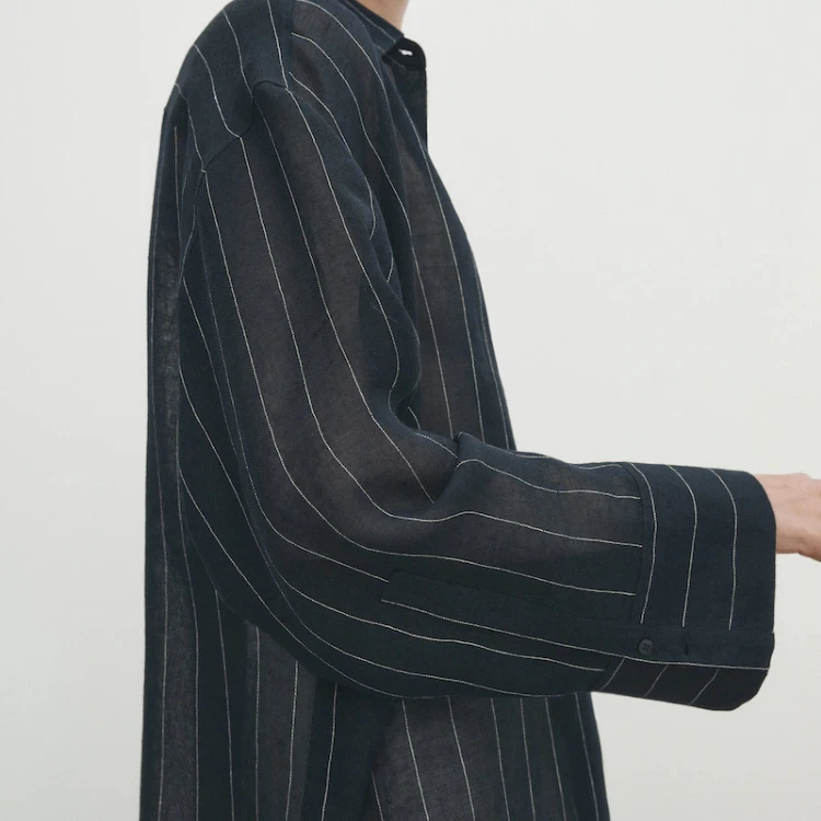 OME New Arrival Navy Blue 100% Linen Striped Shirt Women's Blouses Linen Shirts Blouses Elegant Women