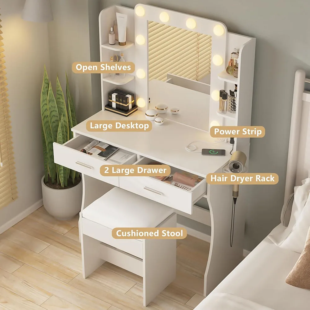 Modern Dressing Table with Light Mirror 2 Large Drawers Wood Makeup Vanity Desk with Adjustable Lighting LED for Bedroom